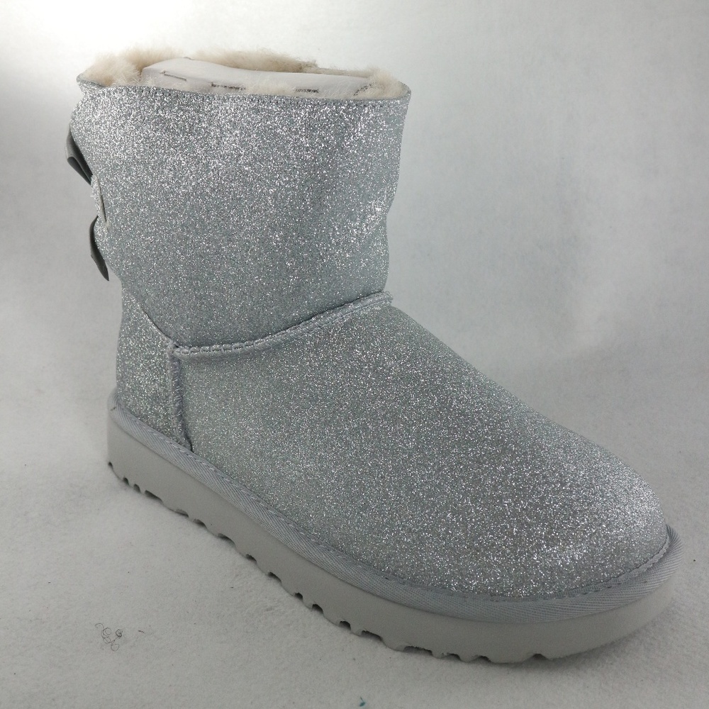 UGG Womens Mini Bailey Bow Silver Sparkle PAIR Boots NEW Sz 6 - Picture 4 of 8